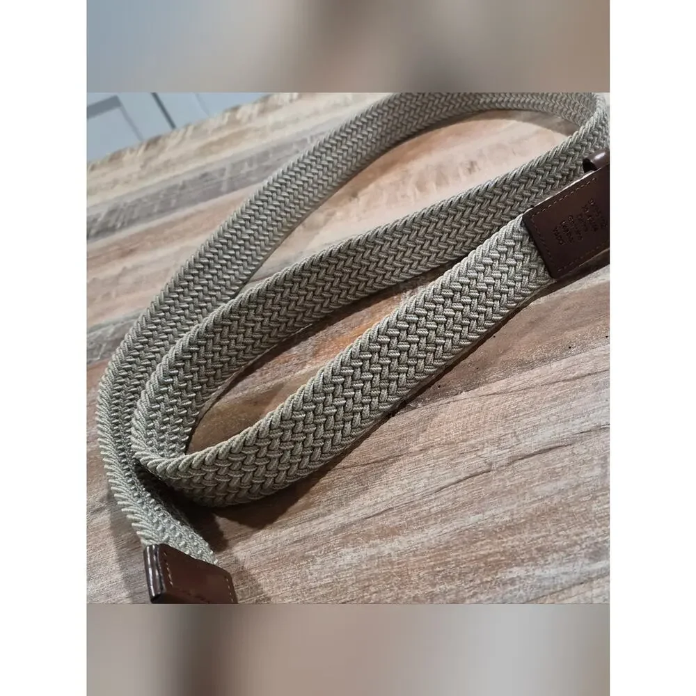 Men's Woven Stretch Belt Beige Tan Brown Leather Trim XL 42-44